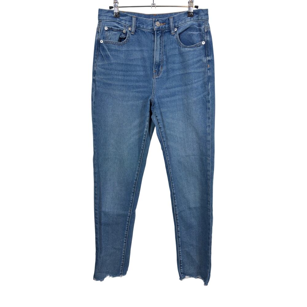 American Eagle Mom Jeans Womens 8 X-Long Blue Curvy High Rise Raw Hem Stretch